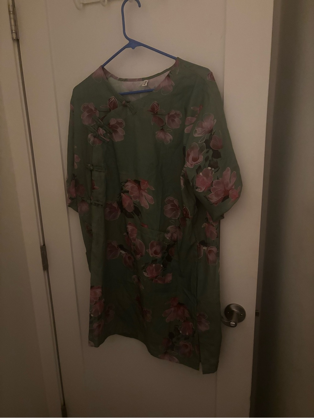 Green Floral Shift Dress with Pink Blossoms